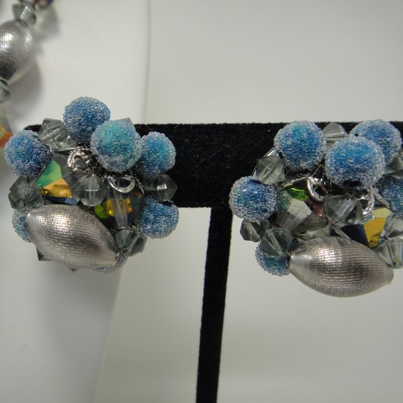 Vintage Fabiola Necklace Earrings Blue Sugar Frosted Beads AB Silver Tone - Picture 3 of 11